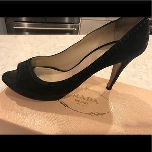 Prada Black suede peep toe pumps